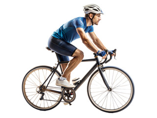 Obraz premium Cyclist in blue gear riding a road bike isolated on transparent background