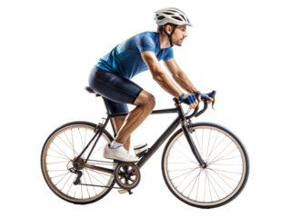 Cyclist in blue gear riding a road bike isolated on transparent background