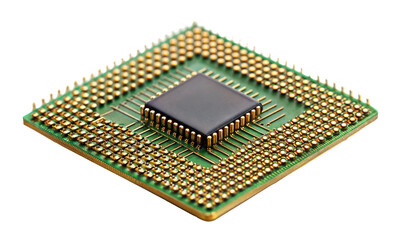 Computer microchip with gold pins and circuit details isolated on transparent background