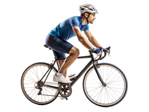 Cyclist in blue gear riding a road bike isolated on transparent background
