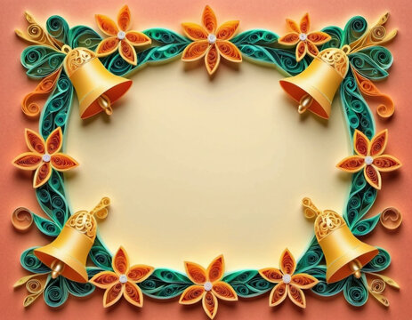 Crafted quilled frame adorned with vibrant flowers and bells, showcasing intricate paper art against warm backdrop. Combination of floral designs and decorative bells creates cheerful atmosphere. AI