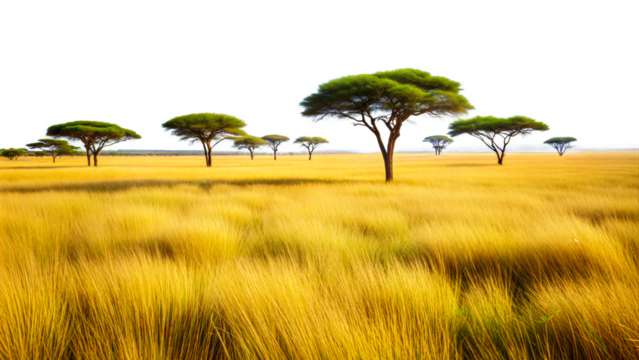Acacia trees in a vast African savanna landscape isolated on transparent background