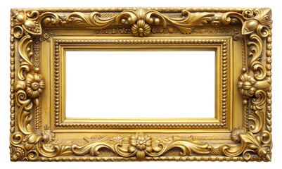 Ornate antique gold picture frame with intricate carvings isolated on transparent background