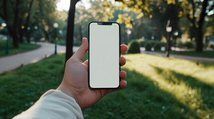 Hand holding an iPhone 15 with a blank screen against a blurred background