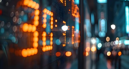 Obraz premium Close-up of digital stock market display showing various numbers and letters, blurred background with bokeh effect, representing financial activities in the global economic system.