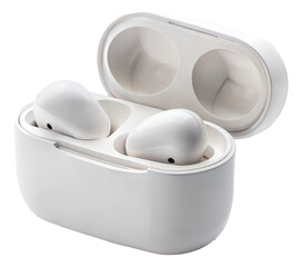 Wireless white earbuds in a sleek charging case isolated on transparent background