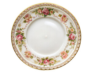 Decorative floral china plate with intricate rose design isolated on transparent background