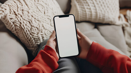 Woman holding iPhone with white screen while laying on a sofa