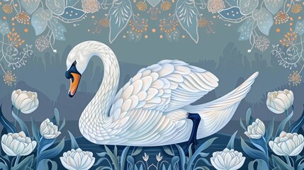 Naklejka premium A beautifully illustrated swan among elegant flowers, showcasing grace and serenity in a tranquil setting.