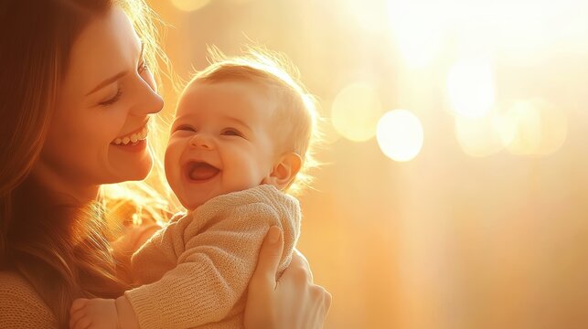 Mother holding her smiling baby near a window, bathed in warm light, capturing a heartwarming and joyful family moment indo