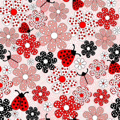Cute ladybugs red pattern. Red background or  nursery 
 flower and animal  vector.
