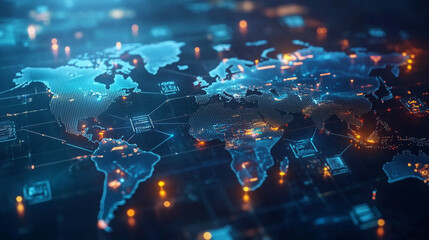 Digital world map with blue and orange connections, illustrating global data networks and technological infrastructure