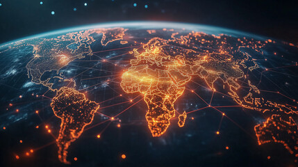 Digital world map with glowing orange connections, representing global data networks and business expansion