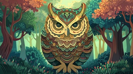 Fototapeta premium A whimsical, decorative owl stands in a vibrant forest, showcasing intricate patterns and colors against a magical backdrop.