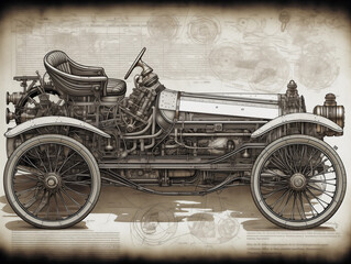 Detailed close-up of an antique steam engine with complex mechanical design, isolated on a textured drawing paper background. Pencil sketches highlight engineering complexity