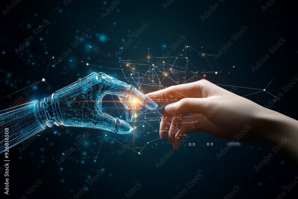 Poster human hand and robot finger touching in front of a digital data connection background, symbolizing a