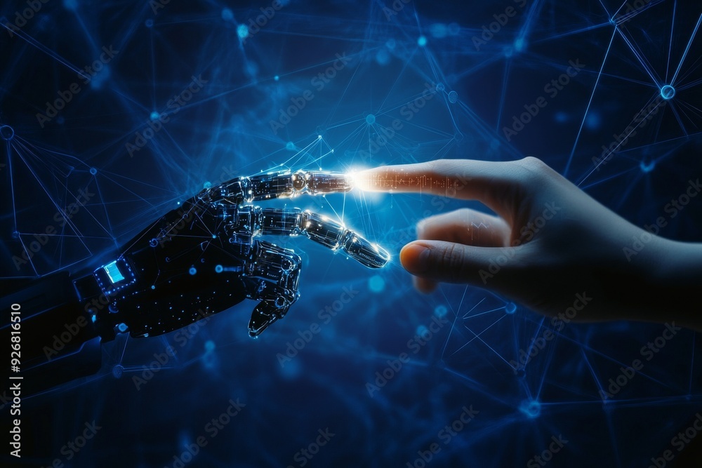 Poster human hand and robot finger touching in front of a digital data connection background, symbolizing a