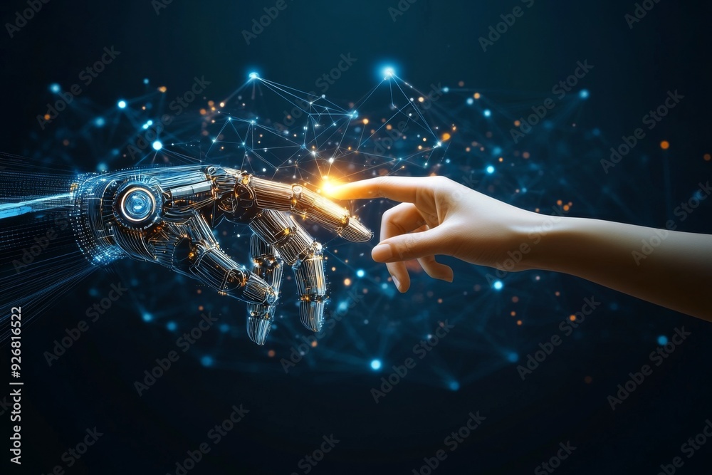 Poster human hand and robot finger touching in front of a digital data connection background, symbolizing a
