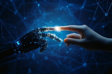 Human hand and robot finger touching in front of a digital data connection background, symbolizing artificial intelligence and futuristic technology.
