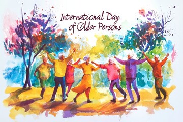 Celebrating the International Day of Older Persons with a joyful gathering of diverse elderly individuals dancing in a vibrant, colorful park setting. Generative AI