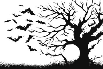 Halloween Tree Silhouette with Bats Swarm - Spooky Vector Illustration