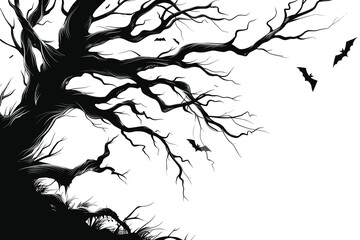 Dark Silhouette of a Gnarled Tree with Flying Bats - Halloween Vector