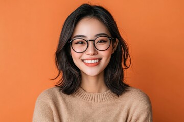 Fototapeta premium A woman with shoulder length hair, wearing glasses and a beige sweater, smiles warmly at the camera in front of an orange background.