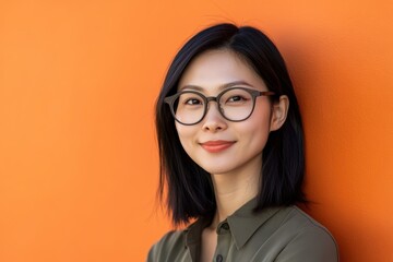 Fototapeta premium A woman with shoulder length hair, wearing glasses and a beige sweater, smiles warmly at the camera in front of an orange background.