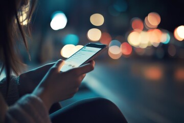 Close-up of a woman’s hands using a mobile phone at night with city lights and bokeh effect, showcasing digital interaction and urban environment.