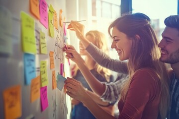 Creative team brainstorming on an office wall with colorful sticky notes, laughing and sharing ideas in a bright workspace illuminated by natural light. Collaborative environment for new projects.