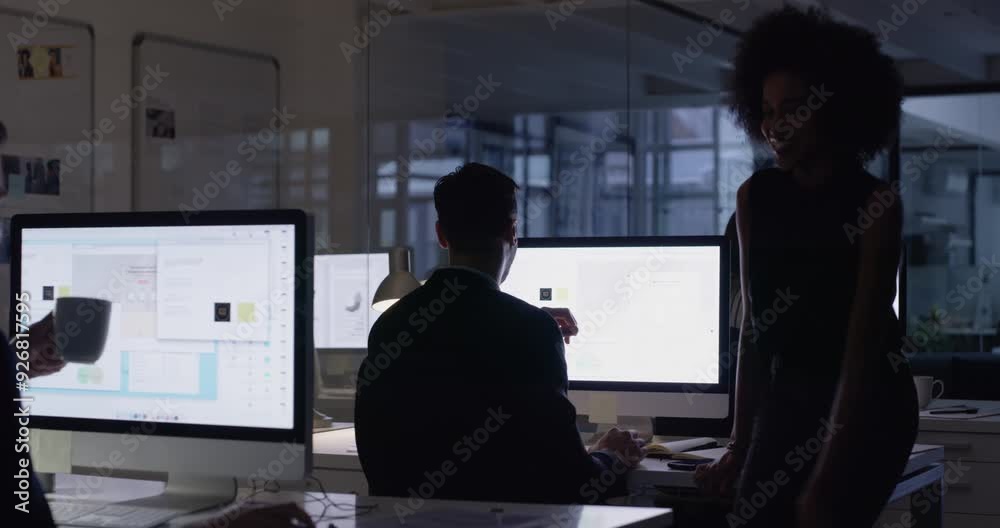 Poster computer screen, night and designer teamwork, manager advice or training of creative project at mark