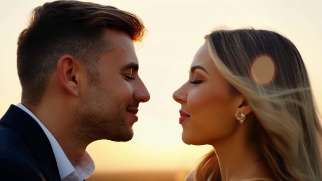 Young couple kisses at sunset, surrounded by nature, radiating love and joy in a meadow