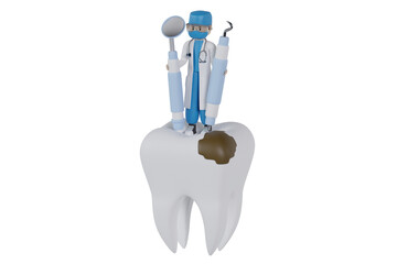 Illustration of dentist character with stomatology tools standing on the big tooth with dental caries 3d rendered