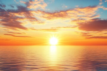 Fototapeta premium Serene summer sunset over the sea with golden sunlight reflecting on the water and soft clouds in the sky, creating a peaceful and tranquil atmosphere.