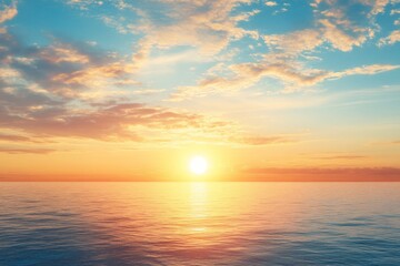 Serene summer sunset over the sea with golden sunlight reflecting on the water and soft clouds in the sky, creating a peaceful and tranquil atmosphere.