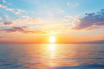 Fototapeta premium Serene summer sunset over the sea with golden sunlight reflecting on the water and soft clouds in the sky, creating a peaceful and tranquil atmosphere.