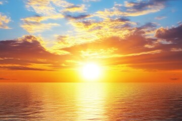 Obraz premium Serene summer sunset over the sea with golden sunlight reflecting on the water and soft clouds in the sky, creating a peaceful and tranquil atmosphere.
