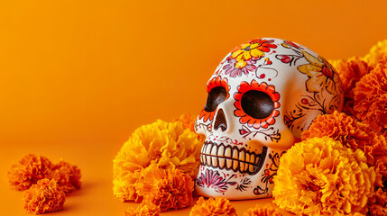 Day of the Dead Dia de los Muertos Sugar Skull Orange Background Copy Space