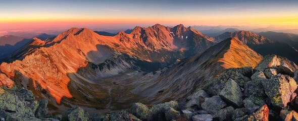 Obraz premium Panoramic view of Tatra Mountains at sunrise, capturing golden hour light on summer peaks and autumn foliage, with red hues on rocky landscapes, offering a breathtaking and detailed natural scene.