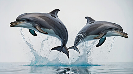 Obraz premium A pair of playful dolphins leaping out of the water, frozen in mid-air against a white background, their sleek bodies and joyful expressions sharply defined.