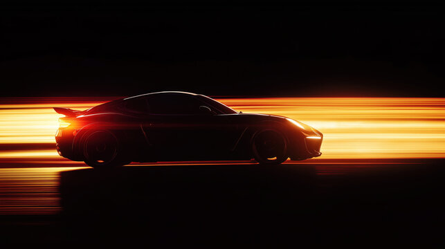 Silhouette of a stylist sports car speeding at high speeds. Its contours are emphasized by the speed of the wind passing through it