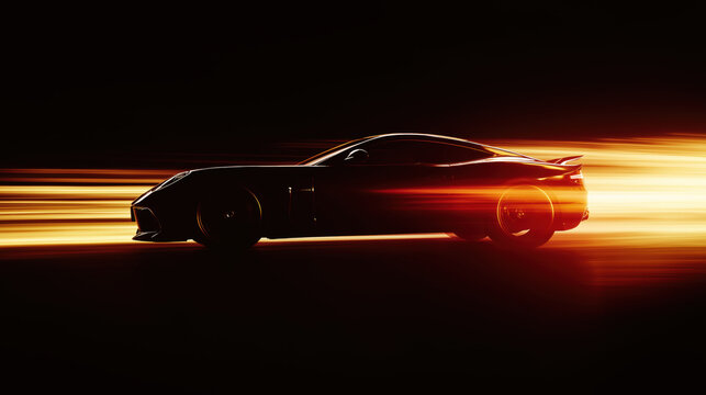 Silhouette of a stylist sports car speeding at high speeds. Its contours are emphasized by the speed of the wind passing through it