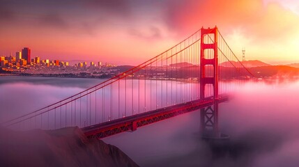 A stunning view of the Golden Gate Bridge at sunset. The sky glows with warm colors, while fog rolls below, creating a mystical atmosphere. This photo captures beauty and serenity. AI