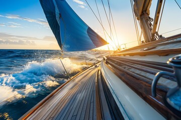 Fototapeta premium Sailing yacht in open sea at sunset, close-up of wooden cabin and blue sails gliding over high waves. Ideal for travel and adventure concepts.