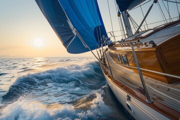 Fototapeta premium Sailing yacht in open sea at sunset, close-up of wooden cabin and blue sails gliding over high waves. Ideal for travel and adventure concepts.