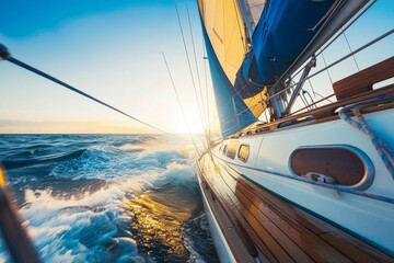 Sailing yacht in open sea at sunset, close-up of wooden cabin and blue sails gliding over high waves. Ideal for travel and adventure concepts.
