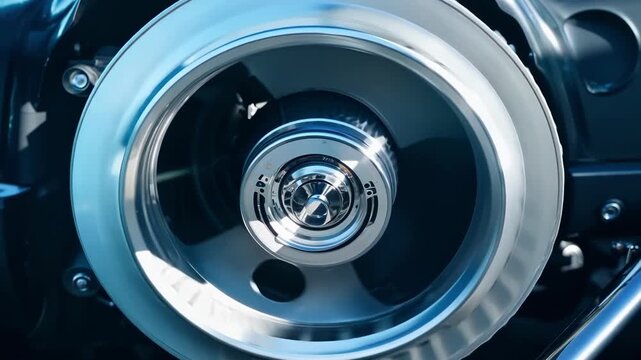 Shiny metal supercharger spins fast, boosting car engine power. Steel, chrome machine adds tech to auto mechanics for more speed
