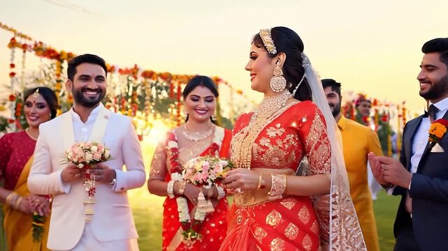 Bride and groom exchanging garlands during traditional indian wedding ceremony