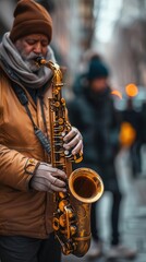 Obraz premium Street musician playing saxophone, urban background, high detail, vibrant