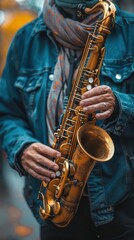 Fototapeta premium Street musician playing saxophone, urban background, high detail, vibrant